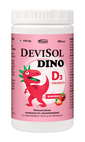 Devisol Dino Mansikka 10 mikrog 100 ja 200  D-vitamiinipurutabletti
